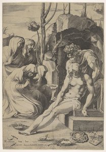 Graflegging van Christus, wiens borst wordt vastgegrepen door Jozef van Arimathea, met twee knielende, 1543