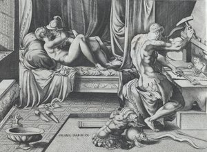Venus en Mars omhelzen terwijl Vulcan werkt aan zijn smidse