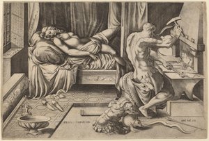 Venus liggend met Vulcanus bij zijn smidse door Enea Vico after Parmigianino