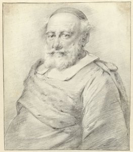 Portret van een man met witte baard en kapje op het hoofd, naar links door Engel Sam