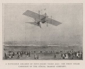 Een Beweegbaar Luchtschip van Achtenvijftig Jaar Geleden, de Eerste Stoomwagen van de Aerial Transit Company