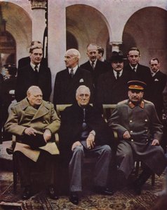 Conferentie van geallieerde leiders Winston Churchill, Franklin D. Roosevelt en Joseph Stalin in Jalta, Krim; USSR, Tweede Wereldoorlog, 7 februari 1945