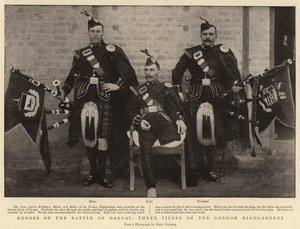 Helden van de Slag bij Dargai, drie doedelzakspelers van de Gordon Highlanders