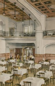 Interieur van een theesalon uit het begin van de twintigste eeuw. Ansichtkaart verzonden in 1913