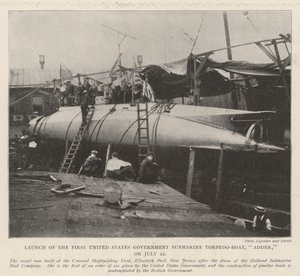 Te Water Laten van de Eerste Amerikaanse Regerings Onderzeeër Torpedoboot, Adder, op 22 juli door English Photographer
