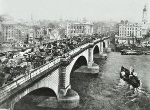 Londen Brug: paard-en-wagen verkeer op de brug, 1895