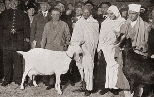 Mahatma Gandhi arriveert in Londen, Engeland in 1931 met zijn discipel, Madeleine Slade, en zijn twee geiten, uit Het Verhaal van Vijfentwintig Jaar, gepubliceerd 1935