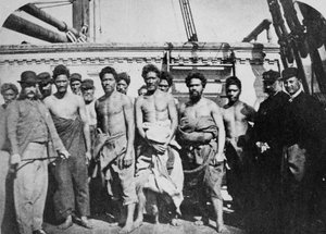Maori Gevangenen aan boord van een gevangenisschip in Wellington Harbour, 1866 door English Photographer