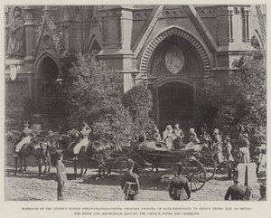 Huwelijk van de oudste achterkleindochter van de koningin, prinses Feodora van Saksen-Meiningen, met prins Hendrik XXX van Reuss, de bruid en bruidegom verlaten de kerk na de ceremonie door English Photographer