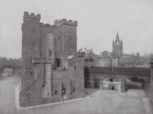 Oud kasteel, Zwarte Poort en Kathedraal, Newcastle (zw/w foto)