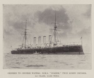 Op weg naar Chinese wateren, HMS Diadem, tweeschroefkruiser, 1e klasse, 11.000 ton door English Photographer