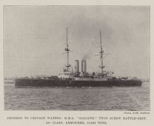 Op weg naar Chinese wateren, HMS Goliath, tweeschroefslagschip, 1e klasse, gepantserd, 12.950 ton door English Photographer