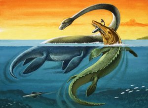 Prehistorische wezens in de oceaan (gouache op papier)