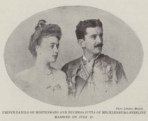 Prins Danilo van Montenegro en hertogin Jutta van Mecklenburg-Strelitz getrouwd op 27 juli