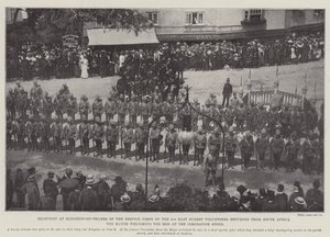 Ontvangst in Kingston-on-Thames van het Service Corps van de 2e East Surrey Vrijwilligers teruggekeerd uit Zuid-Afrika, de Burgemeester verwelkomt de Mannen bij de Kroningssteen door English Photographer