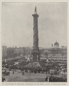 De verjaardag van Trafalgar, decoratie van de Nelson-zuil op Trafalgar Square door English Photographer