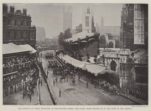 De Aankomst van Hunne Majesteiten bij Westminster Abbey, de Staatskoets bij de Deur van de Annexe