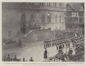 Het Cheshire Regiment laat zijn kleuren achter bij de burgemeester van Chester voor veilige bewaring, het regiment gaat op actieve dienst naar Zuid-Afrika door English Photographer