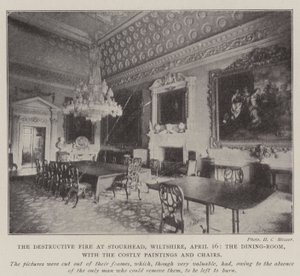 De verwoestende brand in Stourhead, Wiltshire, 16 april, de eetkamer met de kostbare schilderijen en stoelen