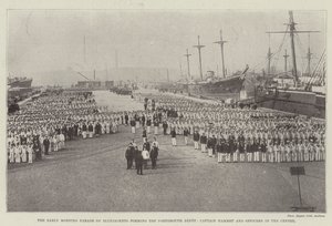 De vroege ochtendparade van matrozen die het Portsmouth Depot vormen, kapitein Hammet en officieren in het midden door English Photographer