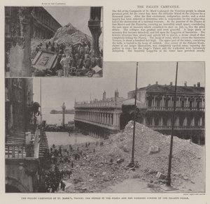 De gevallen Campanile van St. Marks, Venetië, het puin op het plein en de beschadigde hoek van het Palazzo Reale