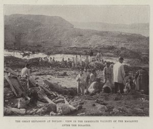 De grote explosie in Toulon, zicht in de directe omgeving van het magazijn na de ramp door English Photographer