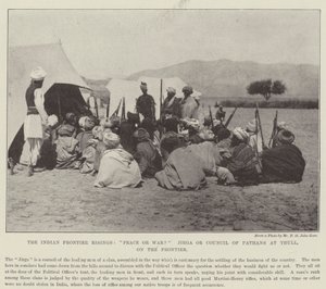 De Indiase grensopstanden, vrede of oorlog? Jirga of Raad van Pathanen in Thull, aan de grens door English Photographer