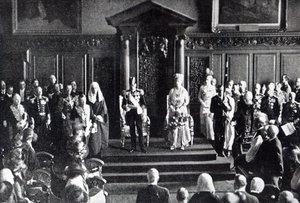 De koning doet een beroep op vrede aan het volk van Ierland in het stadhuis, illustratie uit 