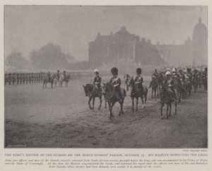 De koninklijke inspectie van de wacht op de Horse Guards Parade, 27 oktober, Zijne Majesteit inspecteert de linies