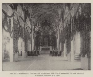 Het koninklijk huwelijk in Coburg, het interieur van de kapel ingericht voor de bruiloft