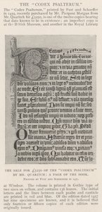 De verkoop voor £5250 van de Codex Psalterum door Mr Quaritch, een pagina van het boek door English Photographer