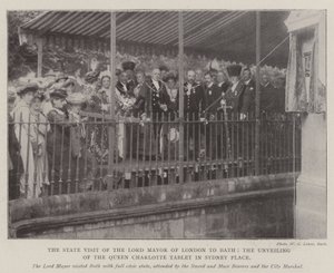 Het staatsbezoek van de burgemeester van Londen aan Bath, de onthulling van de Queen Charlotte-tablet in Sydney Place door English Photographer