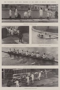De universiteitsbootrace, oefening van de bemanningen bij Henley en Cookham