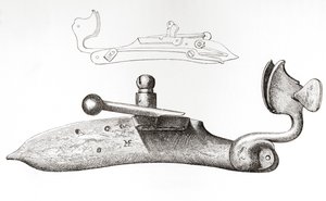17e eeuws Snaphaan. Mechanisme of slot gebruikt voor het afvuren van een handvuurwapen, uit The British Army: Its Origins, Progress and Equipment, gepubliceerd 1868. door English School