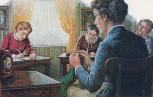 1873, drie studenten van het pas opgerichte Girton College doen eindexamen (kleurenlitho) door English School