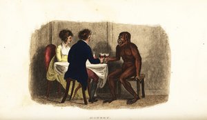 18e-eeuws Nederlands paar drinkt wijn met een Borneose orang-oetan aan de eettafel