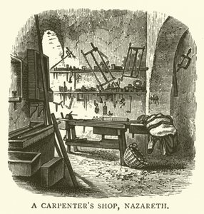 Een timmermanswerkplaats, Nazareth (gravure)