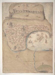 Een gekleurd plan of vogelvlucht van Scarborough Town en Castle door English School