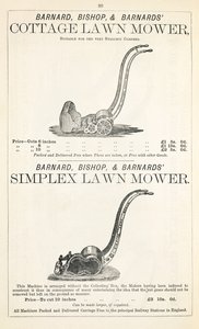 Een huisje en Simplex grasmaaier, illustratie uit een tuincatalogus, gepubliceerd door Barnard Bishop & Barnard, 1878 door English School