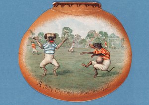 Een vrolijk kerstfeest zonder een ongeluk!, kerstkaart met een voetbalwedstrijd tussen honden, ca. 1890s door English School