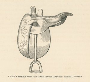 Een damesstijgbeugel met de kniekruk en de Victoria-stijgbeugel (gravure)
