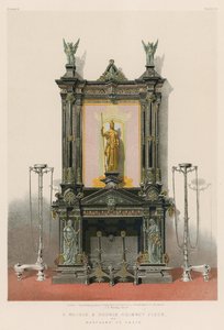 Een marmeren en bronzen schoorsteenstuk door Marchand uit Parijs (chromolitho)