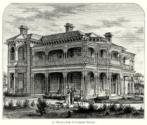 Een voorstedelijk huis in Melbourne (gravure) door English School