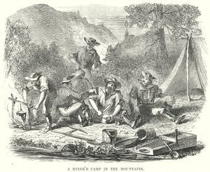 Een mijnwerkerskamp in de bergen (gravure) door English School
