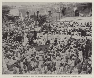 Een vredesluiting tussen de hindoeïstische en mohammedaanse bevolkingen van Patan, in de provincie Kathiawar, India (gravure) door English School