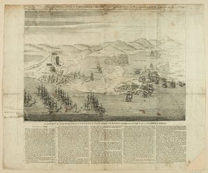 Een perspectieftekening van de stad, haven en forten van Carthagena in 1739, gepubliceerd 1741 door English School