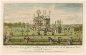 Een perspectivisch uitzicht op het gebouw voor het vuurwerk in het Green Park door English School