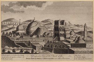Een perspectief van de kerk van het Heilig Graf in Jeruzalem en andere structuren (gravure) door English School