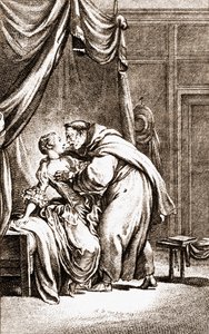 Een priester spreekt een vrouw aan