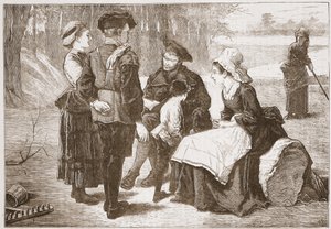 Een protestantse arbeider uit Meaux leest de Schrift voor aan zijn vrienden, illustratie uit De Geschiedenis van het Protestantisme door James Aitken Wylie, gepubliceerd in 1878 door English School